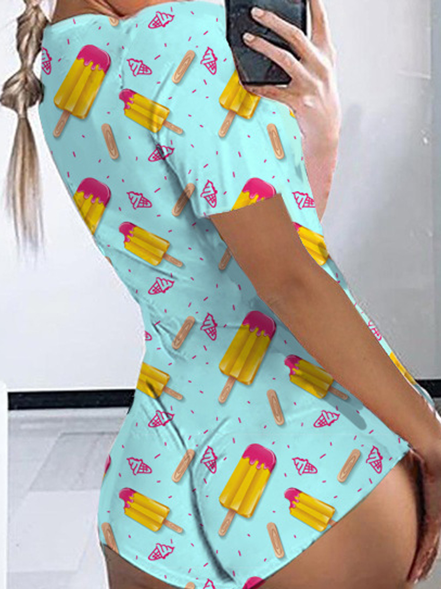 

lovely Casual Cartoon Print Canal Blue One-piece Romper