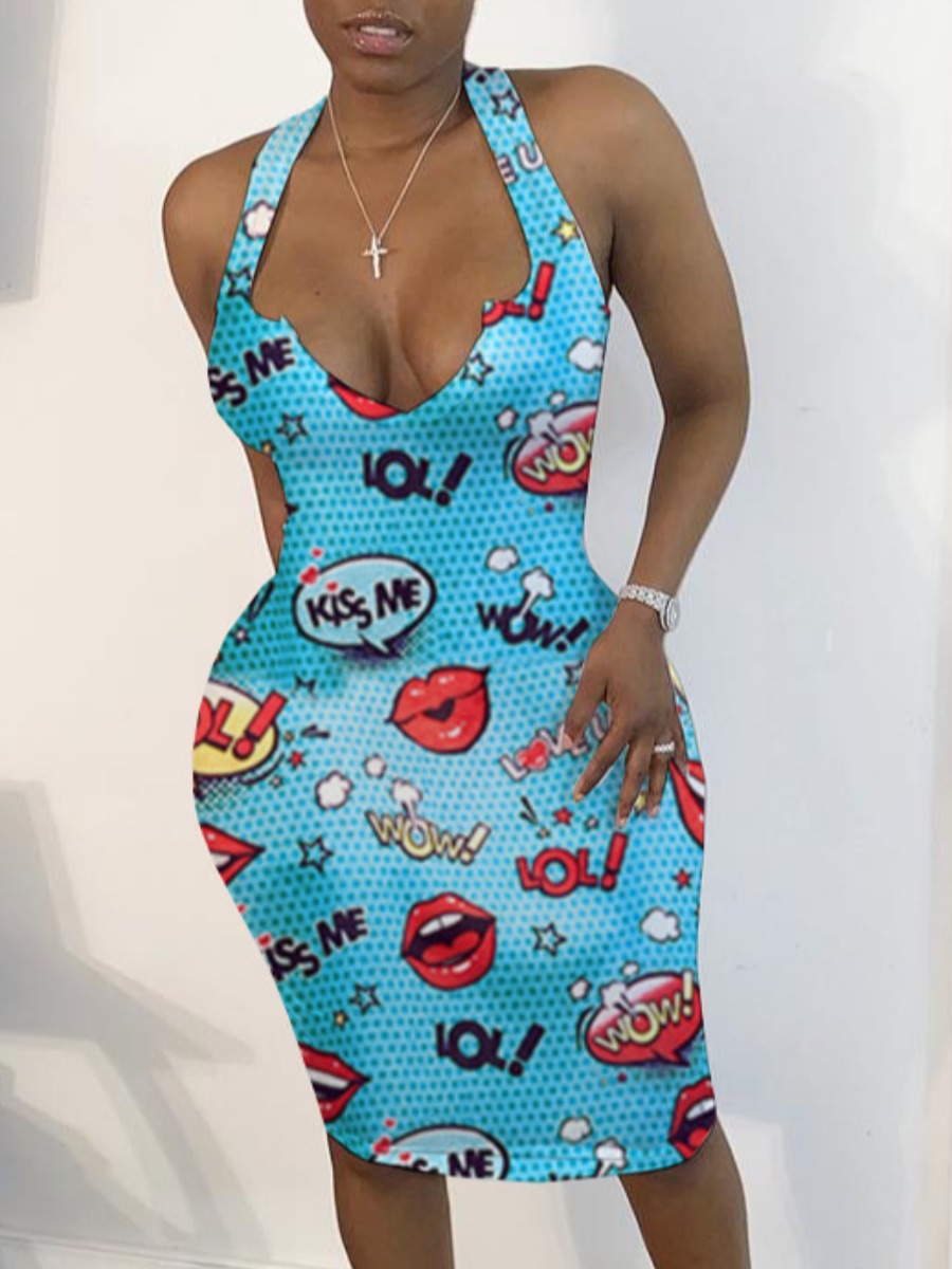 

lovely Sexy Lip Print Skyblue Knee Length Dress