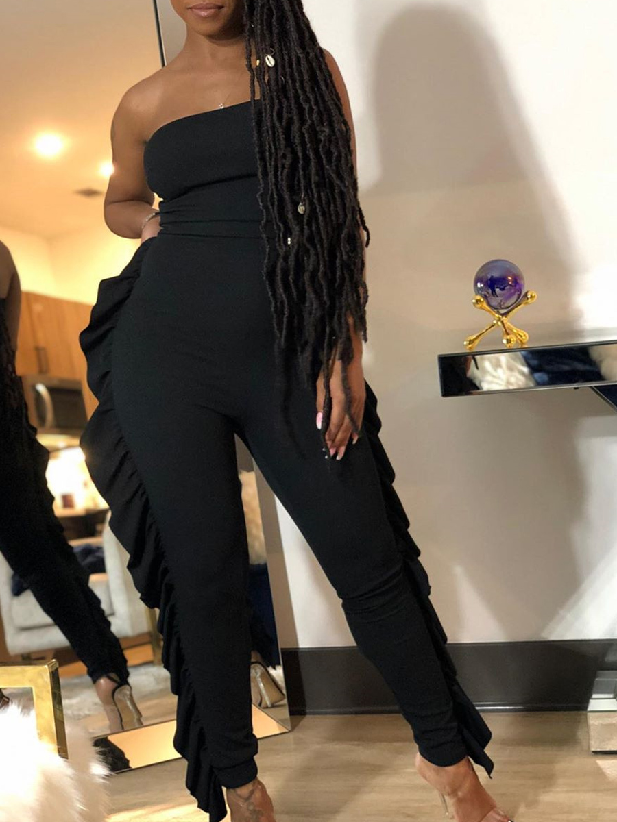 

lovely Sexy Dew Shoulder Flounce Design Black One-piece Jumpsuit