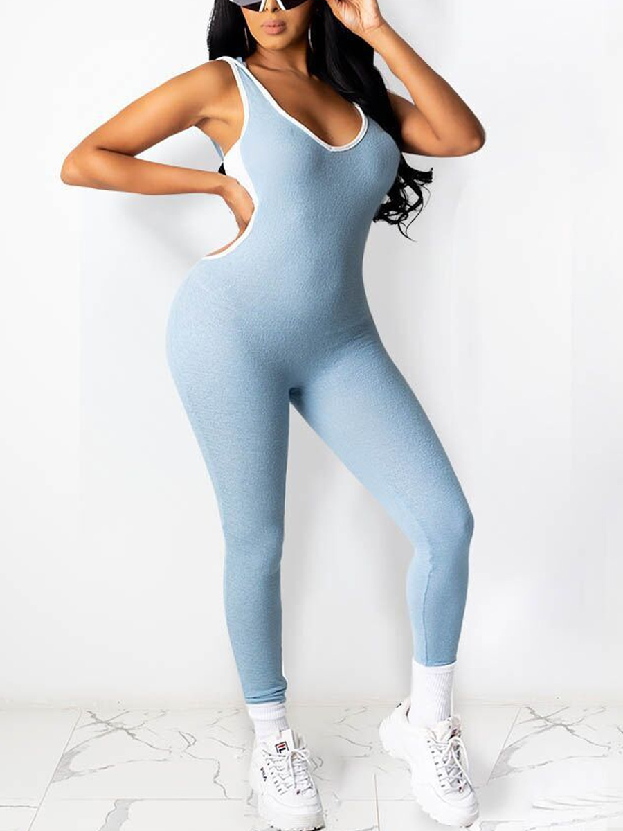 

lovely Sportswear Backless Patchwork Baby Blue One-piece Jumpsuit