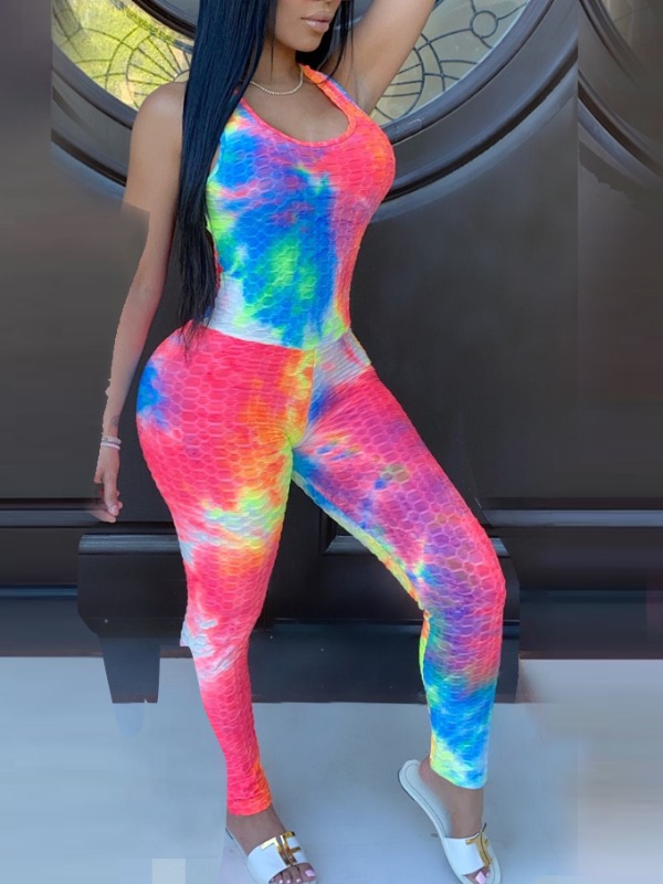 

lovely Sexy U Neck Tie-dye Pink One-piece Jumpsuit