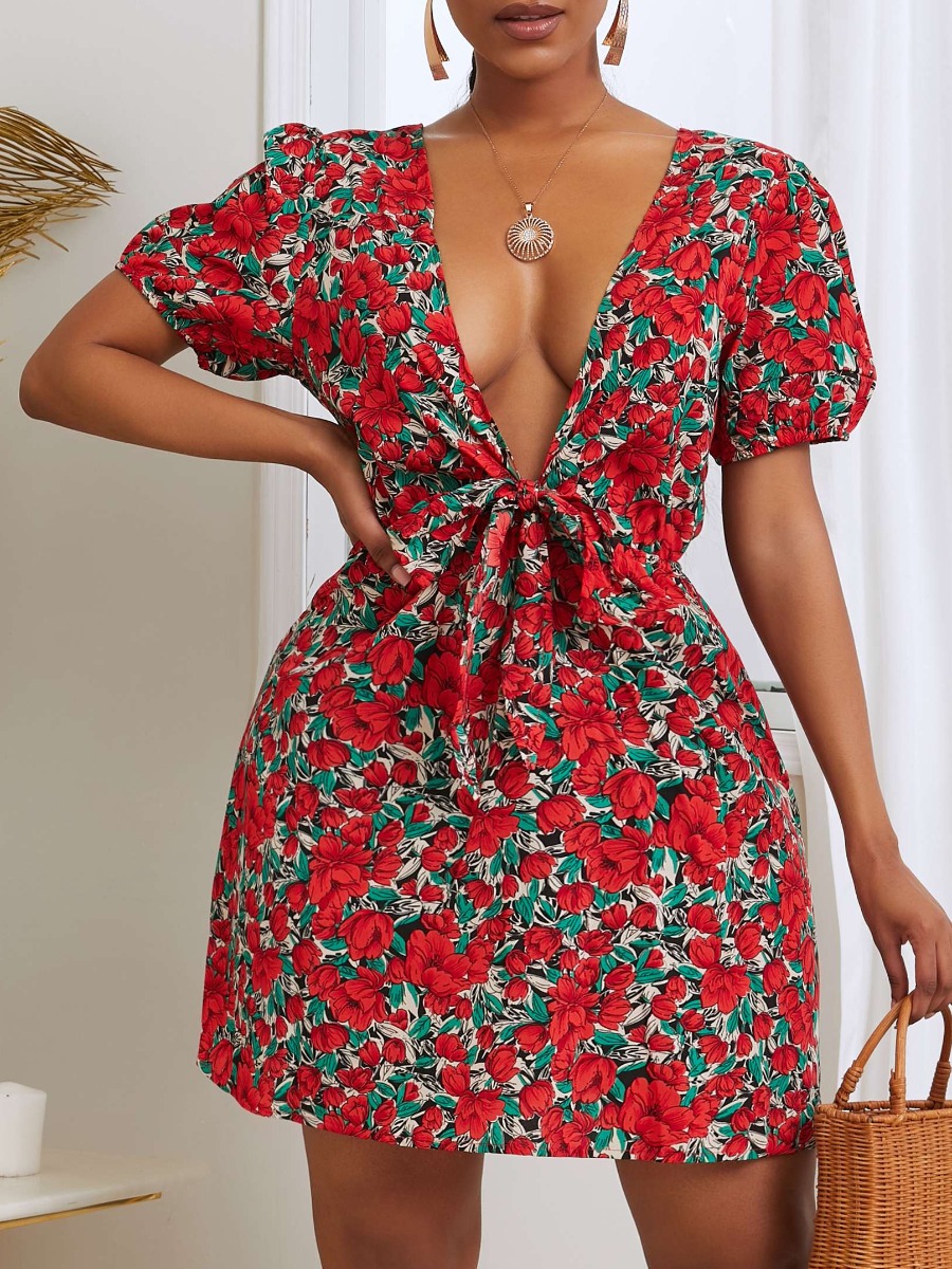 

lovely Trendy V Neck Floral Print Knot Design Red Mini Dress