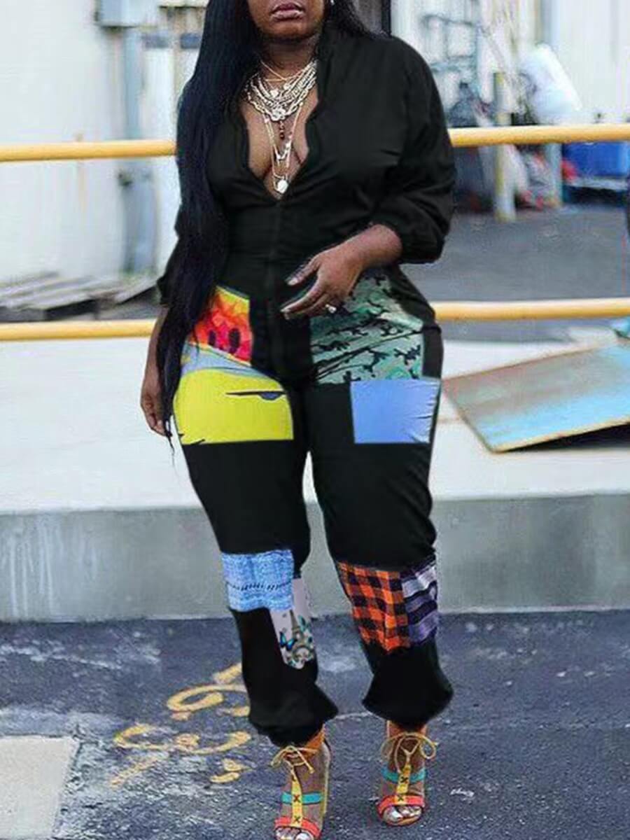 

LW Plus Size Plaid Print Patchwork Jumpsuit, Black