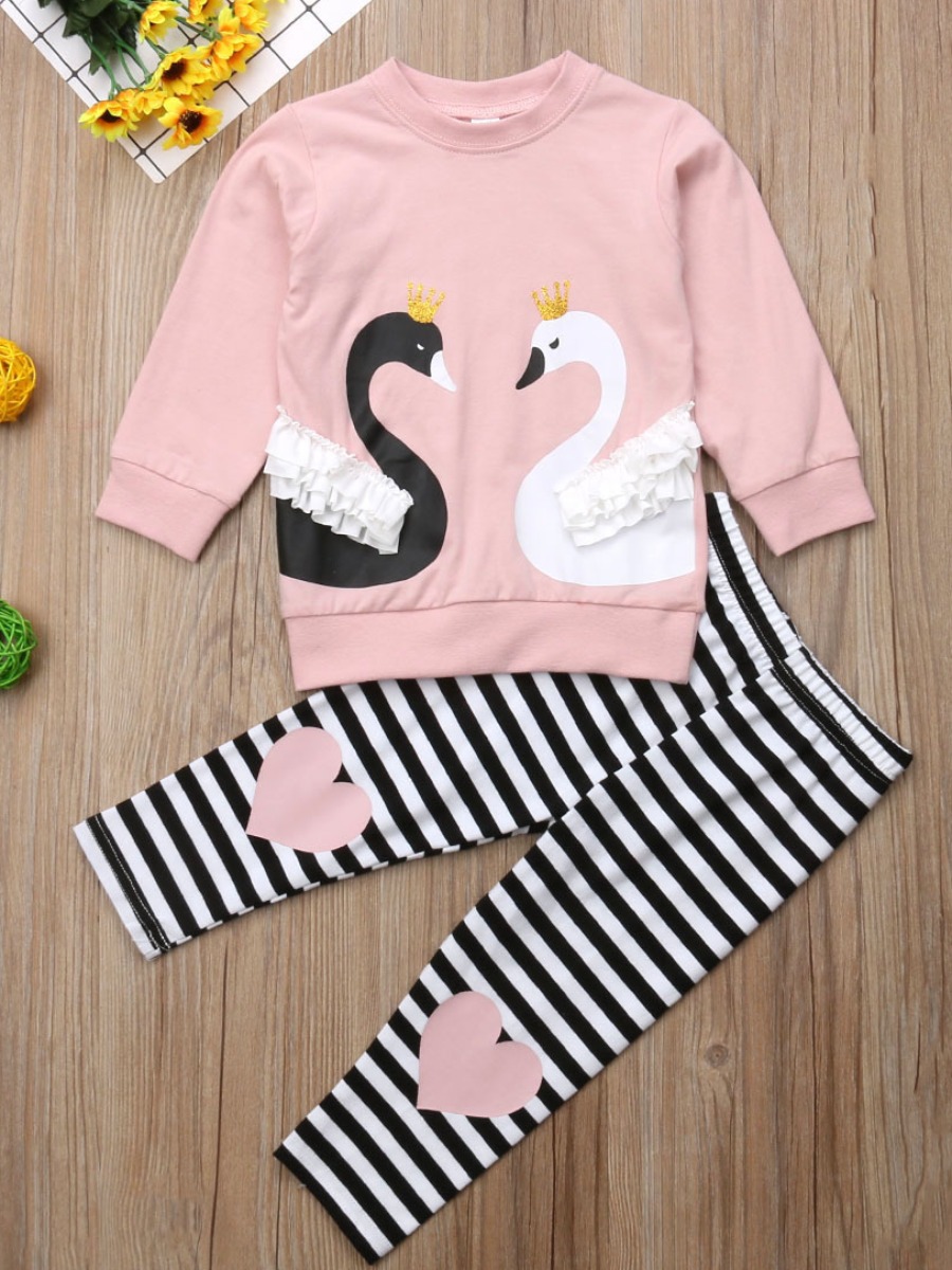 

lovely Casual O Neck Print Pink Girl Two-piece Pants Set