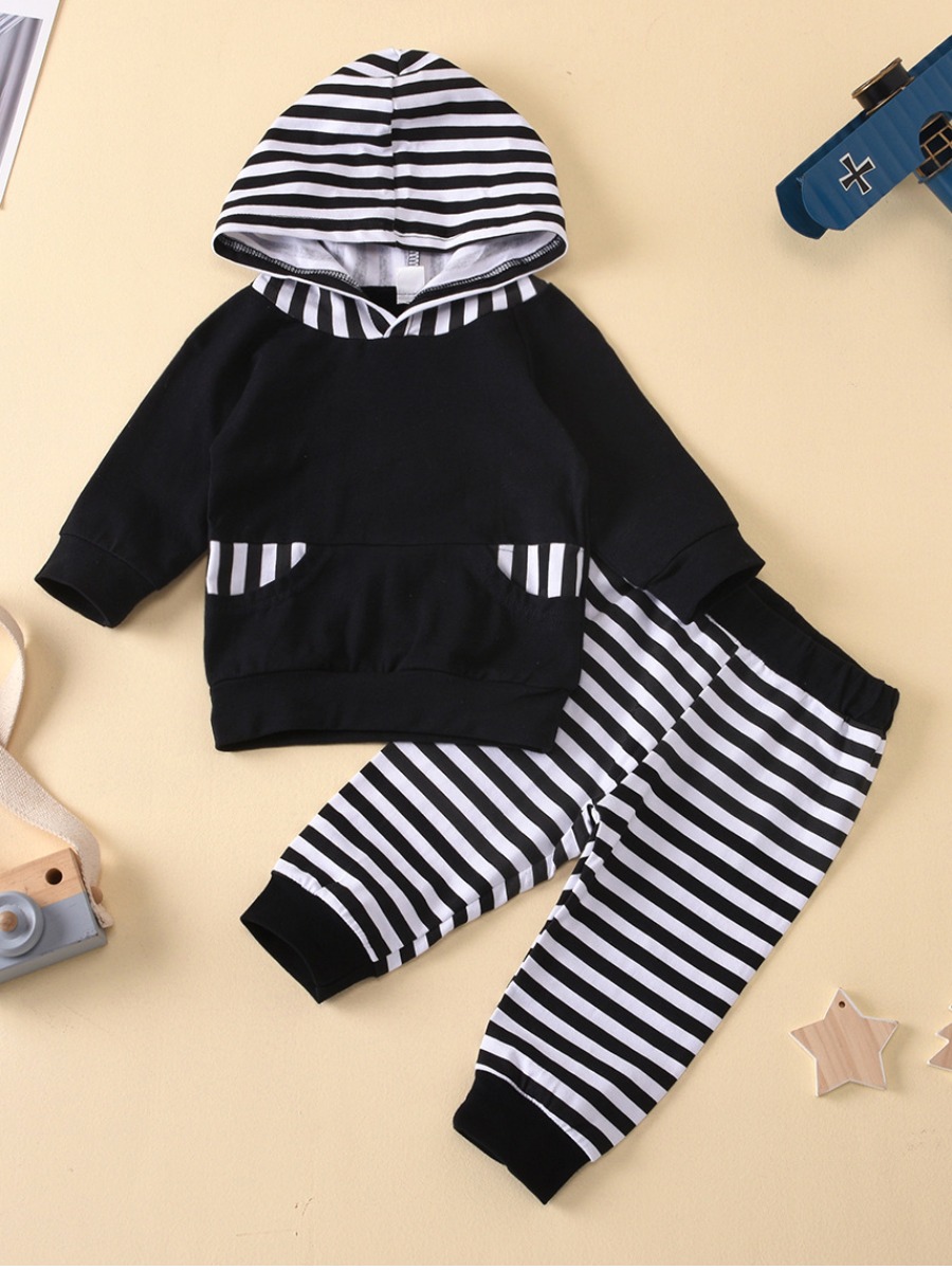 

lovely Sportswear Hooded Collar Striped Patchwork Black Girl Two-piece Pants Set