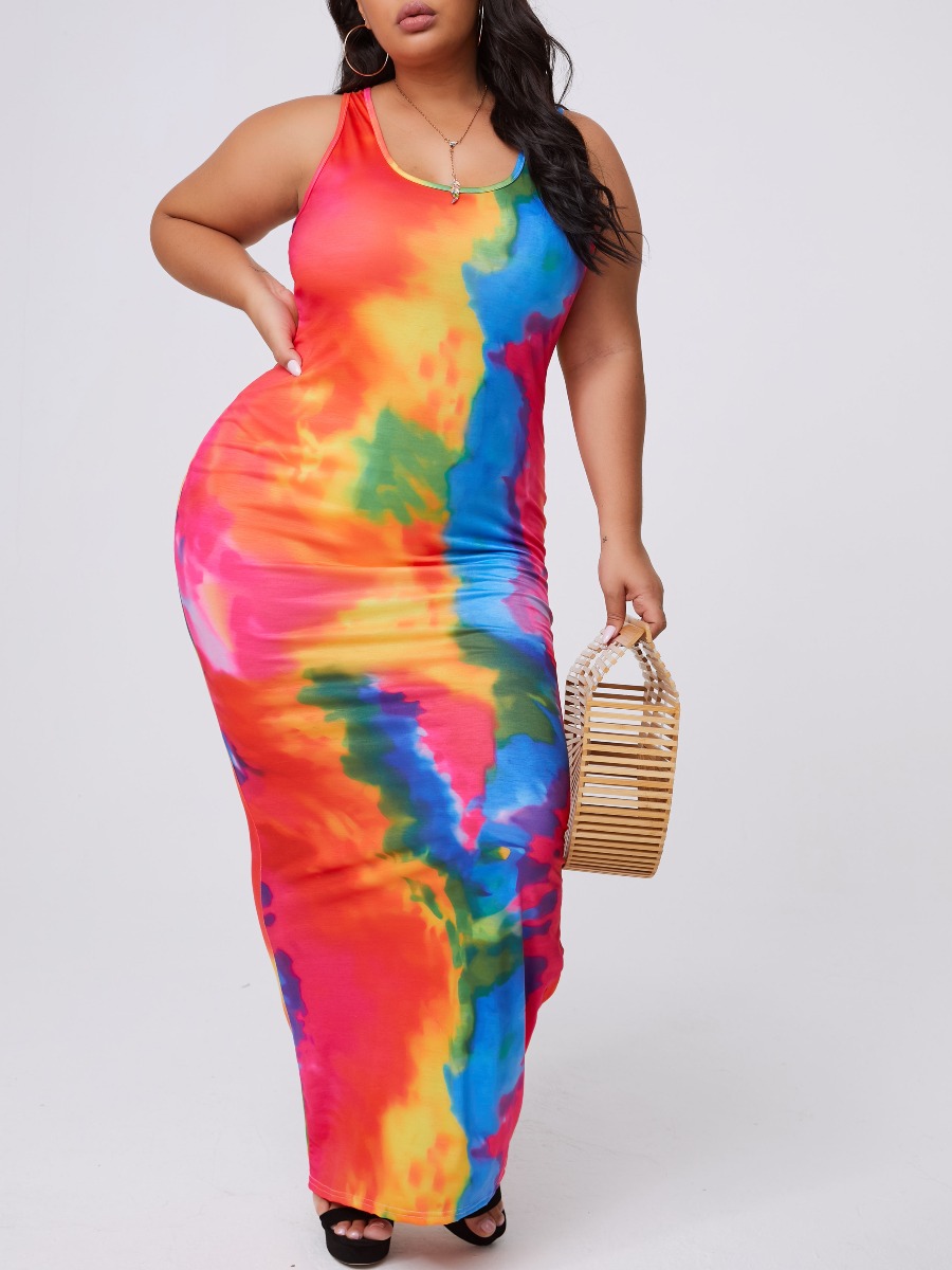 

lovely Leisure U Neck Tie-dye Violet Ankle Length Plus Size Dress