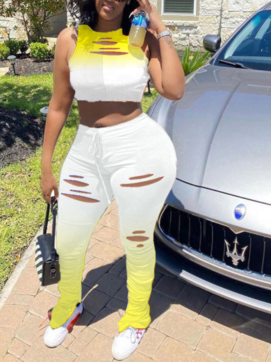 

lovely Stylish Gradient Tear Yellow Plus Size Two-piece Pants Set