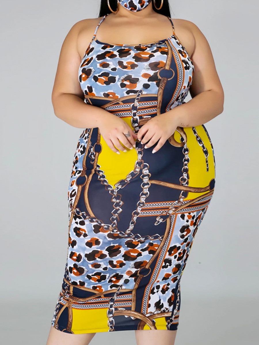 

lovely Trendy Spaghetti Strap Print Multicolor Mid Calf Plus Size Dress, Multi