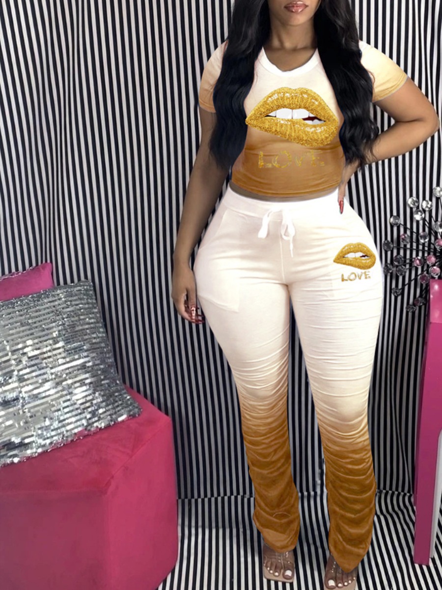 

Lovely Sportswear O Neck Print Fold Design Yellow Plus Size Two-piece Pants Set