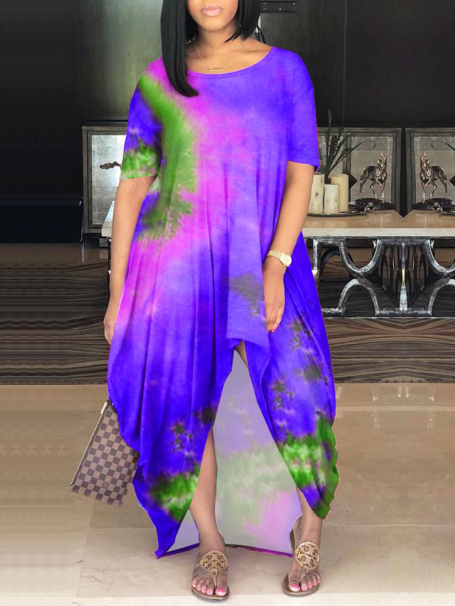 

LW Plus Size O Neck Tie-dye Purple Dress
