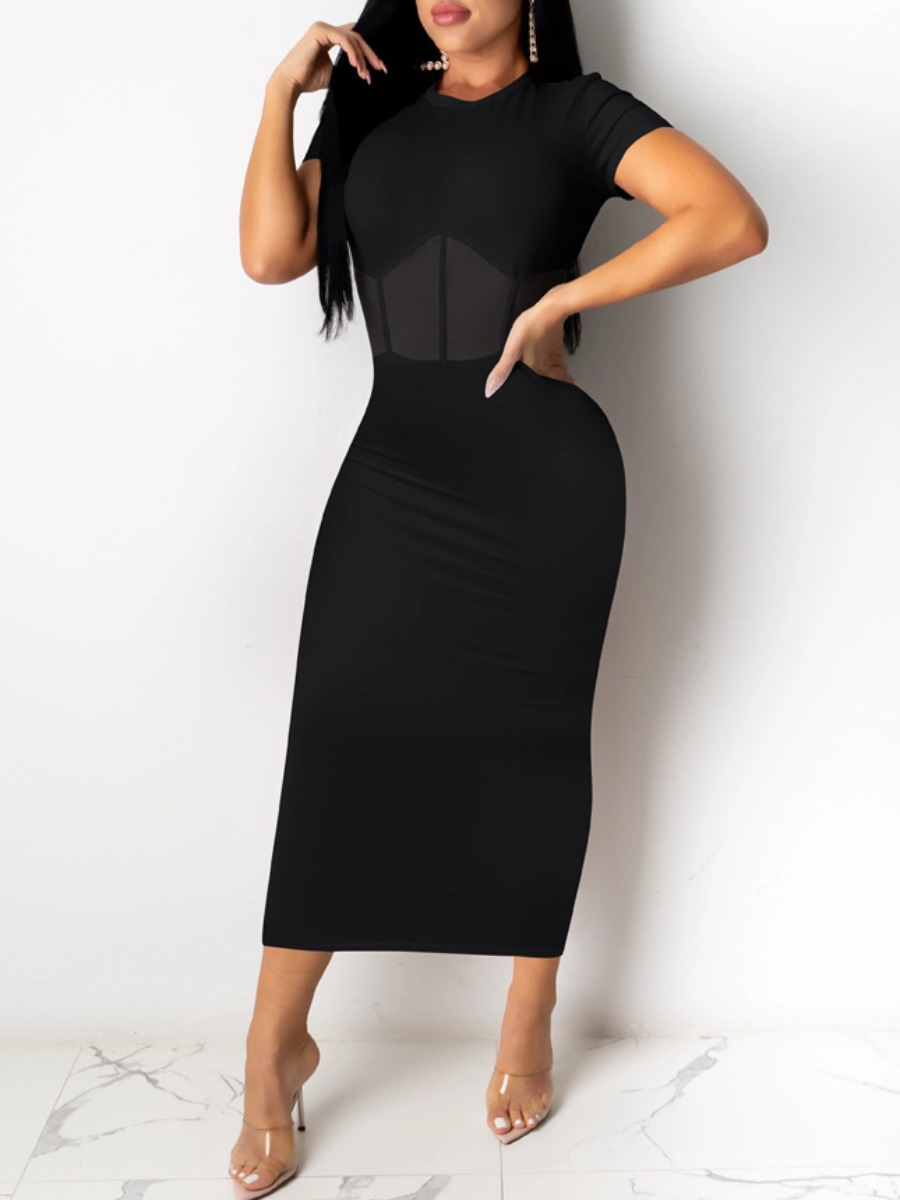 

lovely Sexy O Neck Patchwork Black Ankle Length Dress