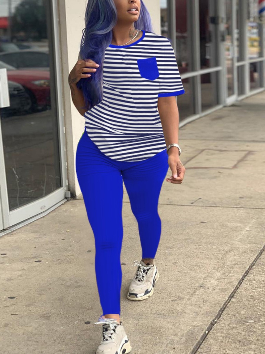 

lovely Leisure O Neck Striped Print Blue Two Piece Pants Set