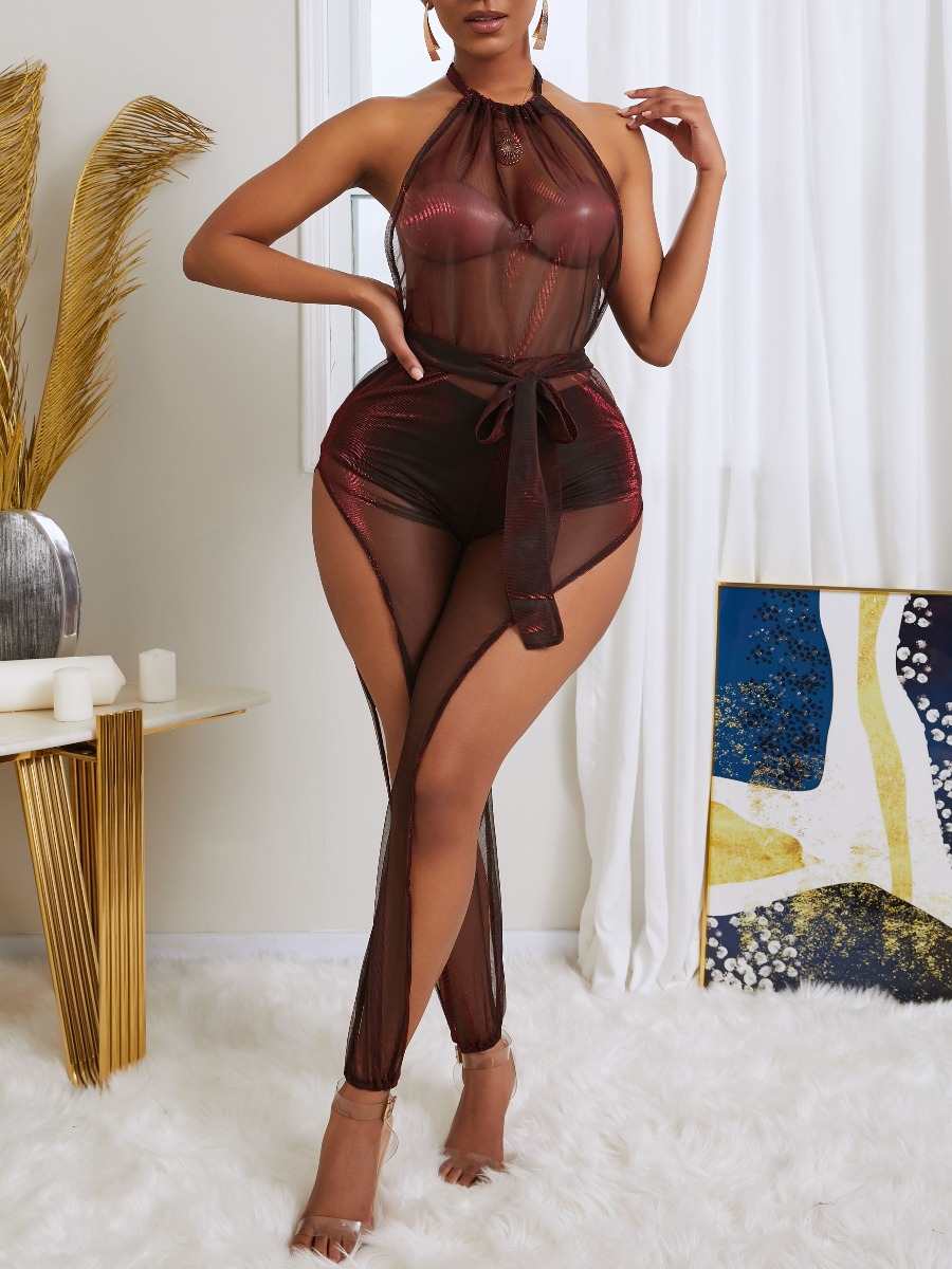 

lovely Sexy Hollow-out See-through Wine Red One-piece Jumpsuit
