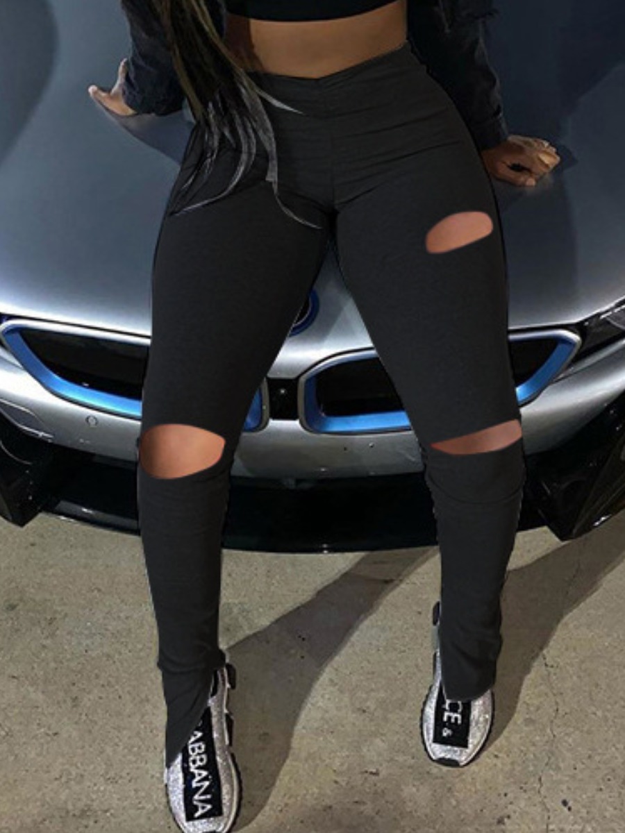

lovely Casual Broken Holes Black Pants