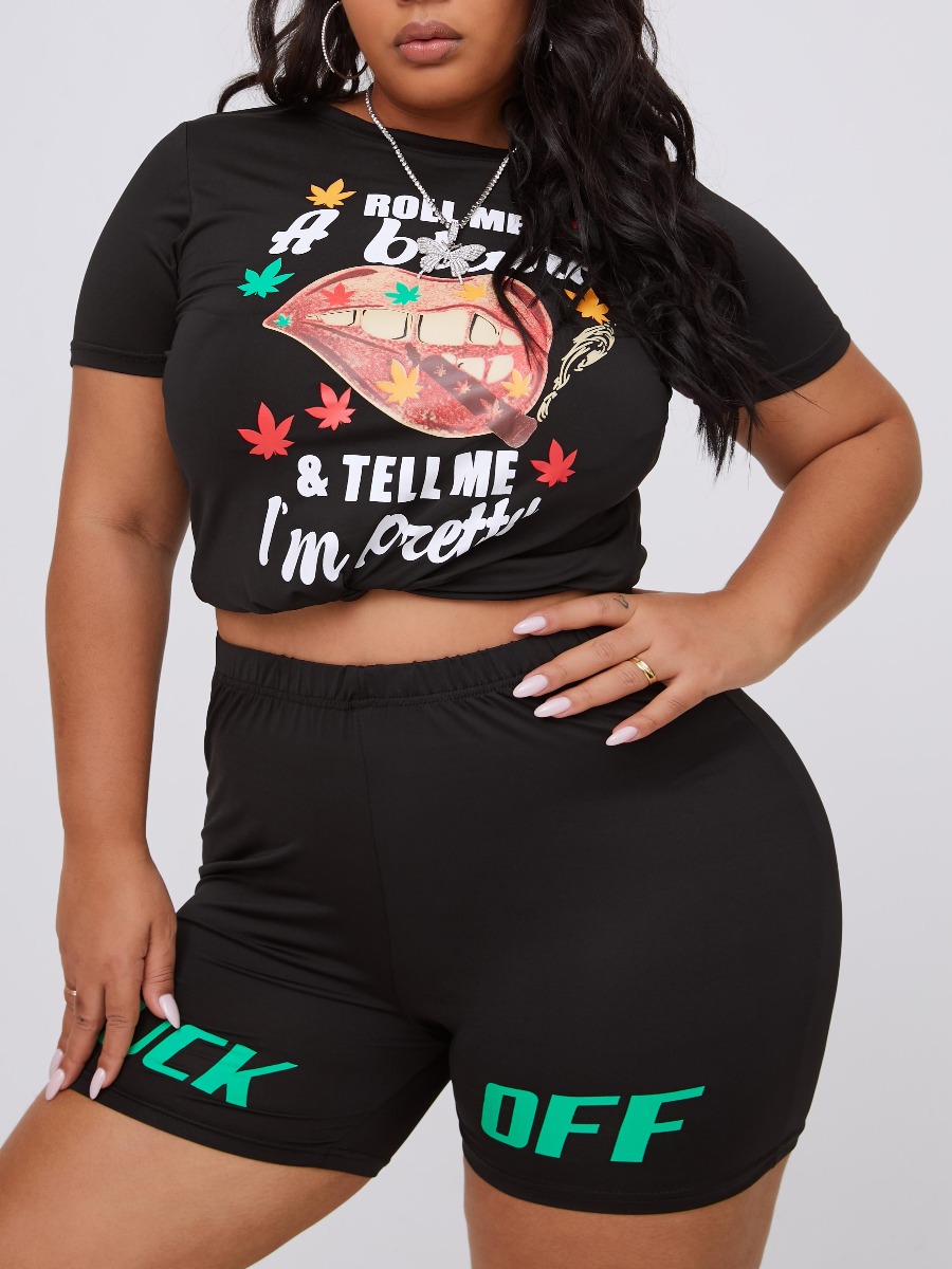 

lovely Casual Lip Print Black Plus Size Two-piece Shorts Set