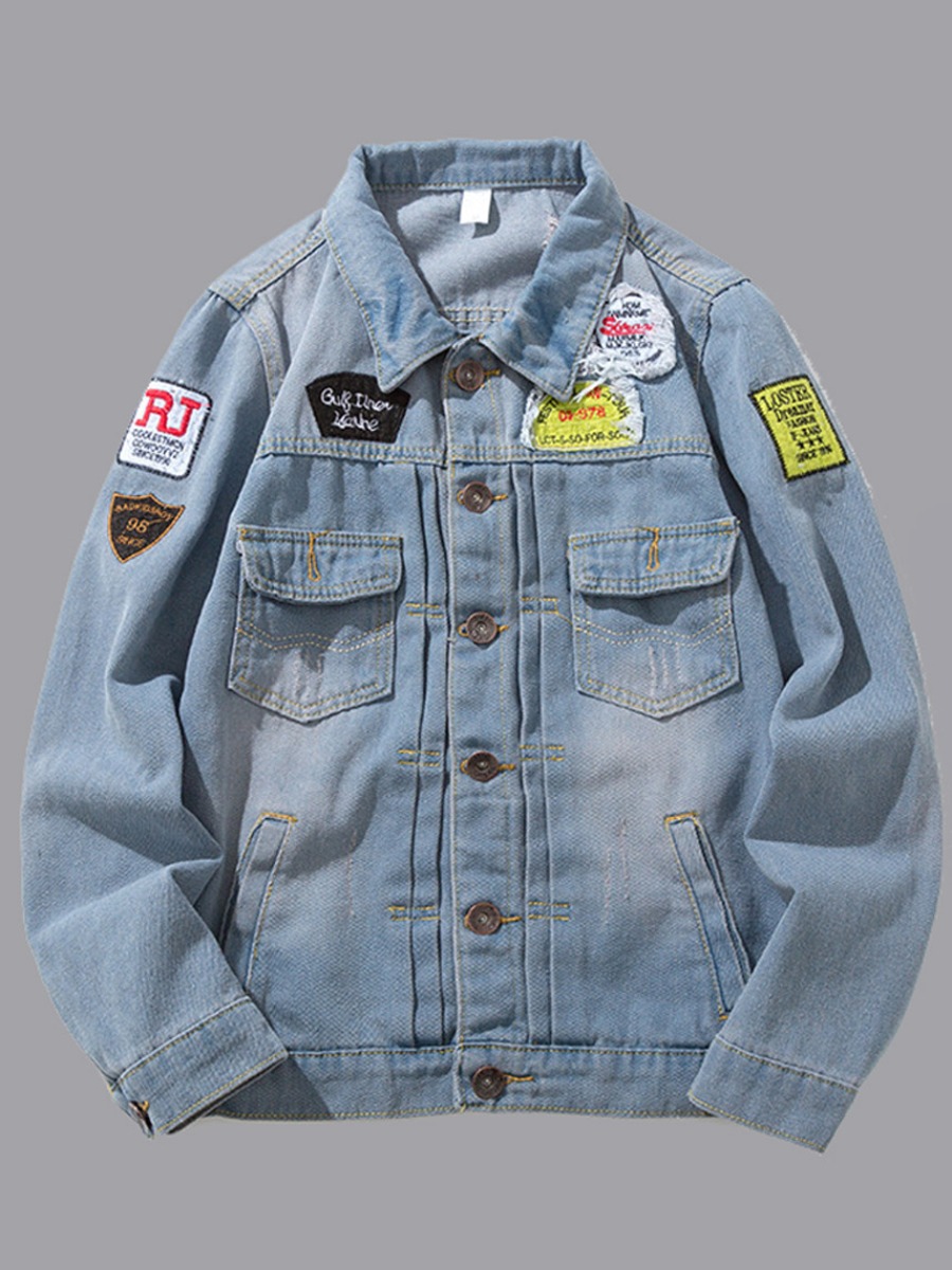 

lovely Trendy Turndown Collar Patchwork Blue Denim Jacket