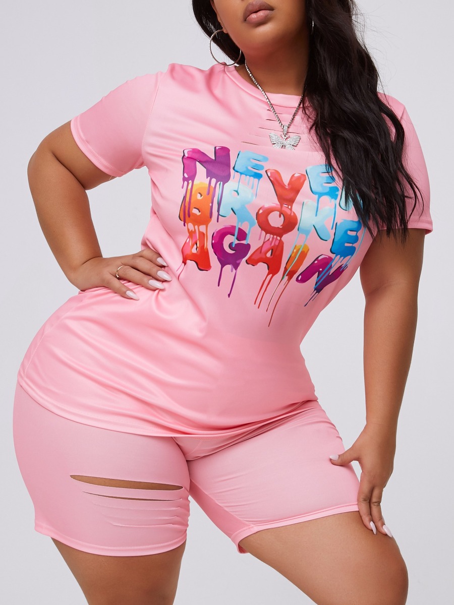 

lovely Leisure O Neck Letter Print Pink Plus Size Two-piece Shorts Set