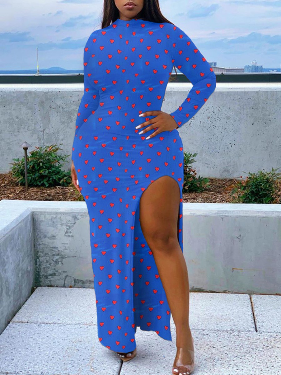 

lovely Sexy O Neck Print Blue Ankle Length Dress