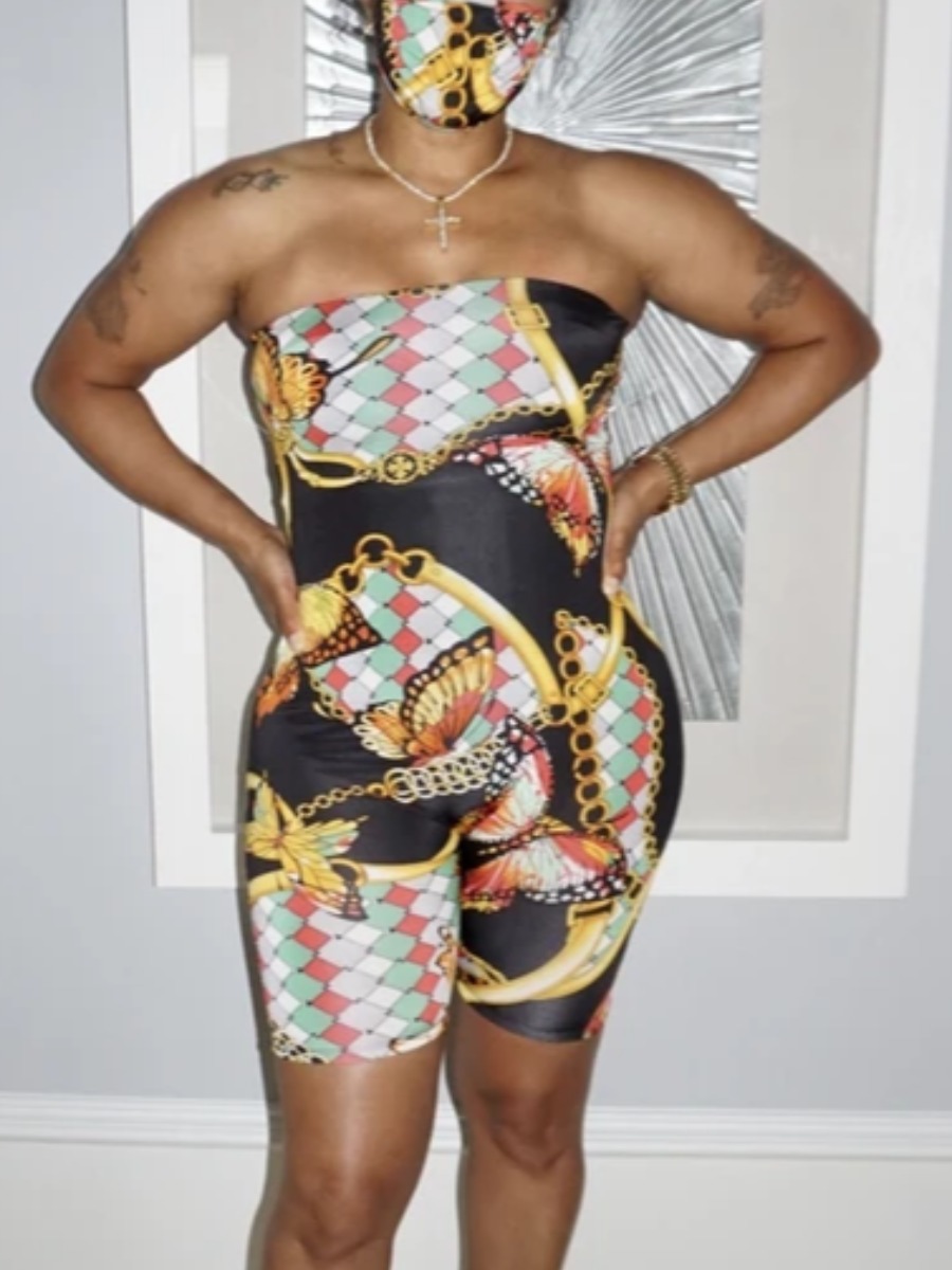 

lovely Sexy Dew Shoulder Versace Print Multicolor One-piece Romper, Multi