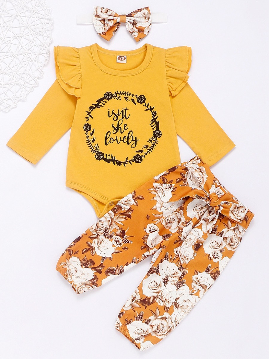 

lovely Casual O Neck Print Yellow Girl Two-piece Pants Set