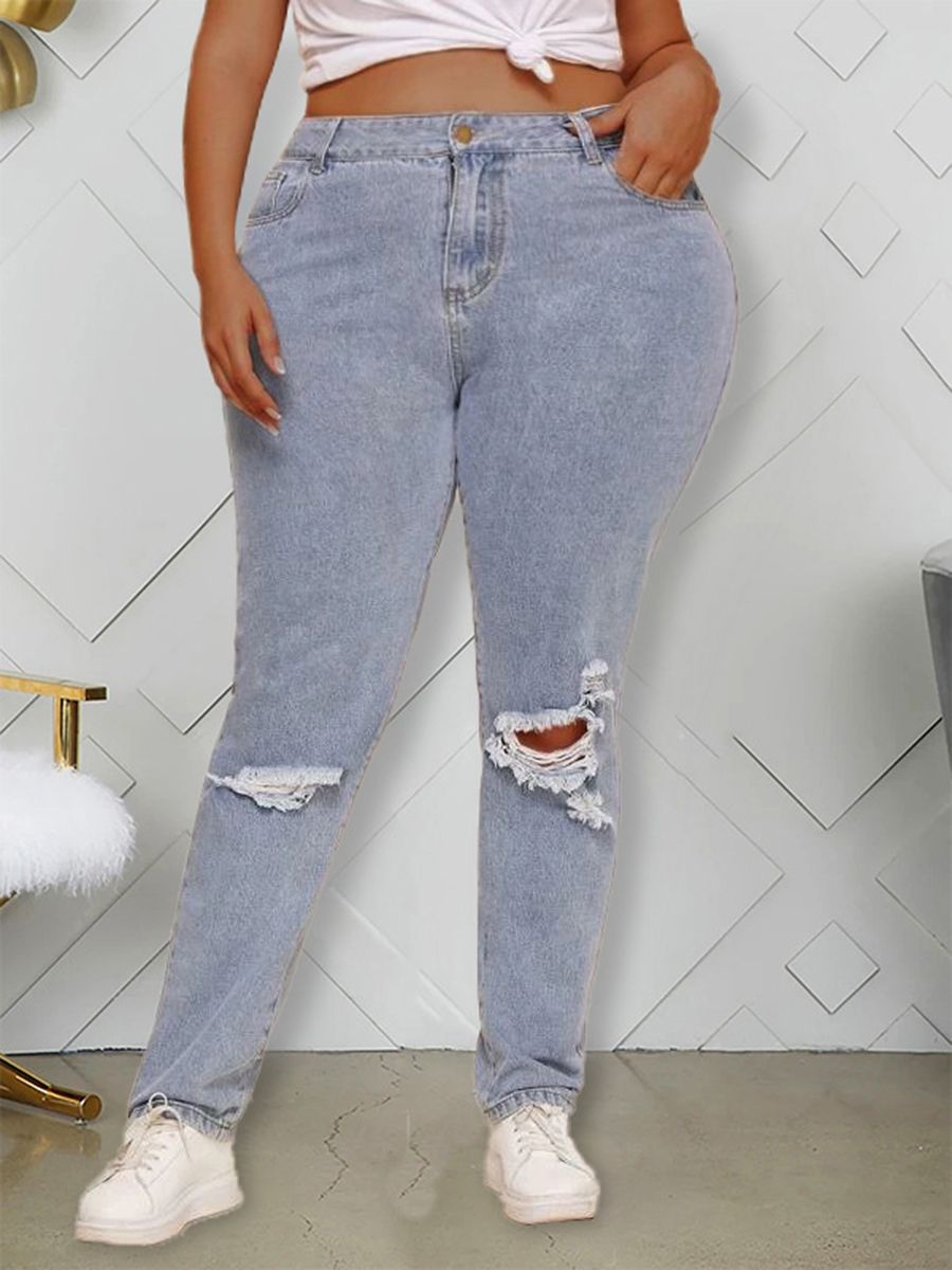 

Lovely Street Broken Holes Baby Blue Plus Size Jeans