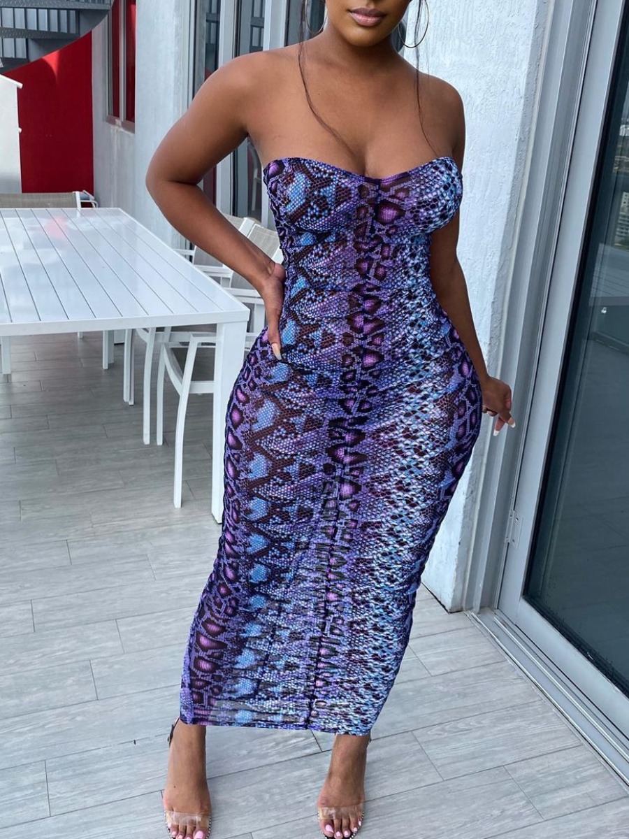 

lovely Sexy Dew Shoulder Print Purple Ankle Length Dress