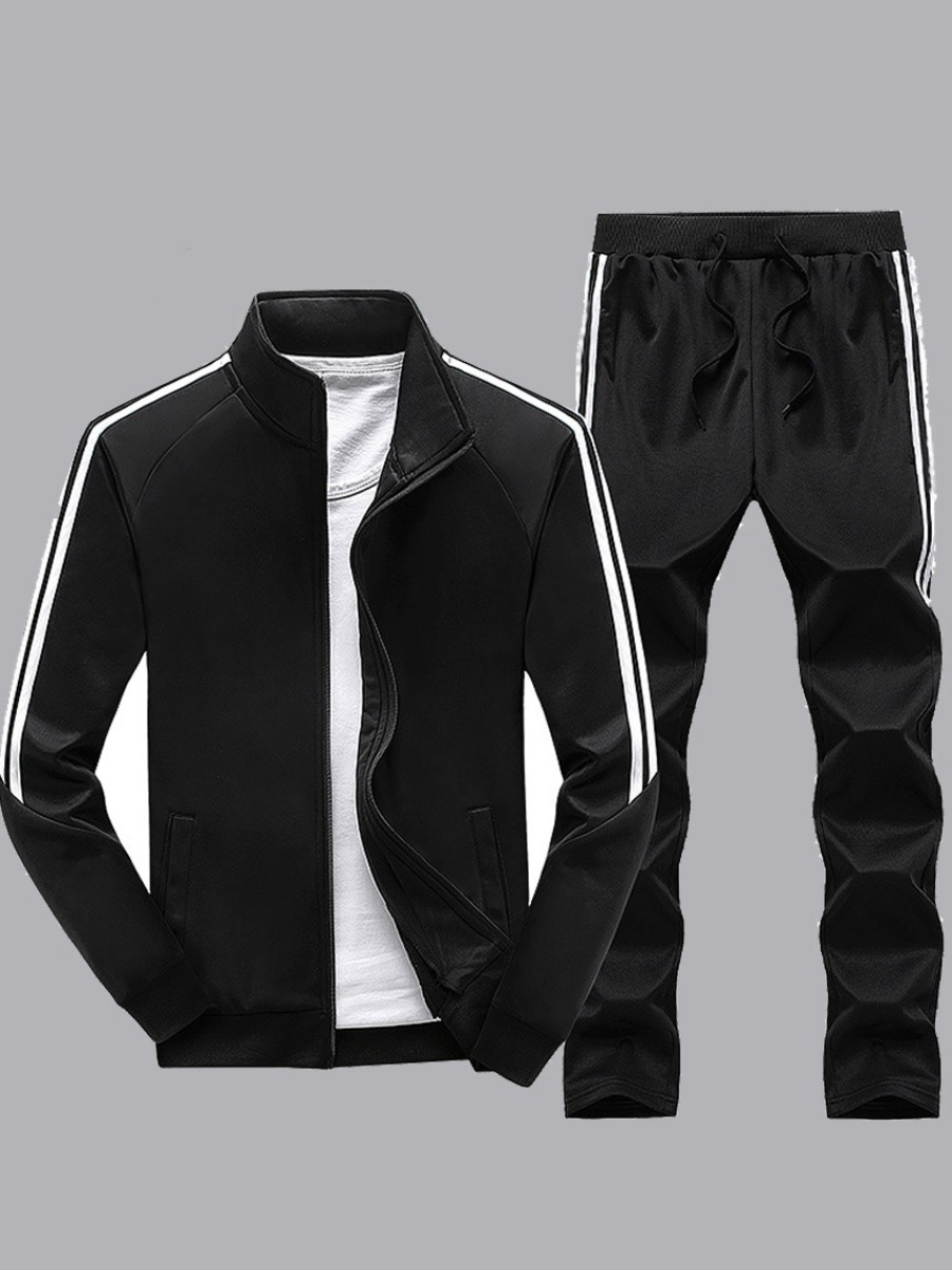 

Men lovely Sportswear Zipper Design Patchwork Black Two-piece Pants Set