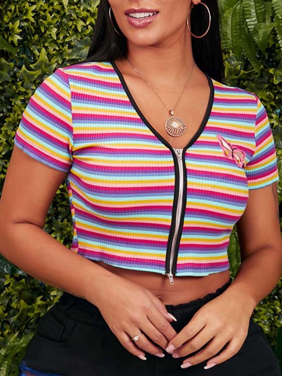 

lovely Stylish V Neck Striped Zipper Design Multicolor Blouse, Multi