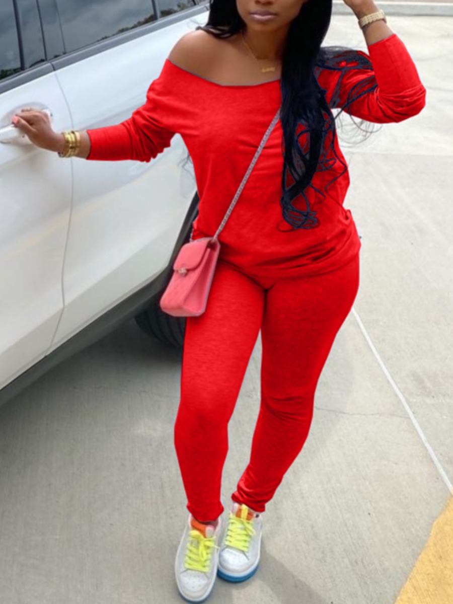 

lovely Casual Basic Skinny Red Two Piece Pants Set