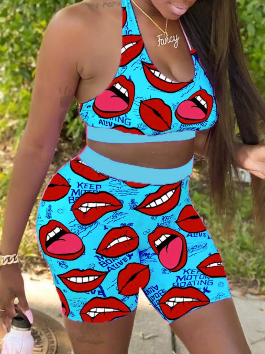 

lovely Sportswear U Neck Lip Print Blue Two Piece Shorts Set