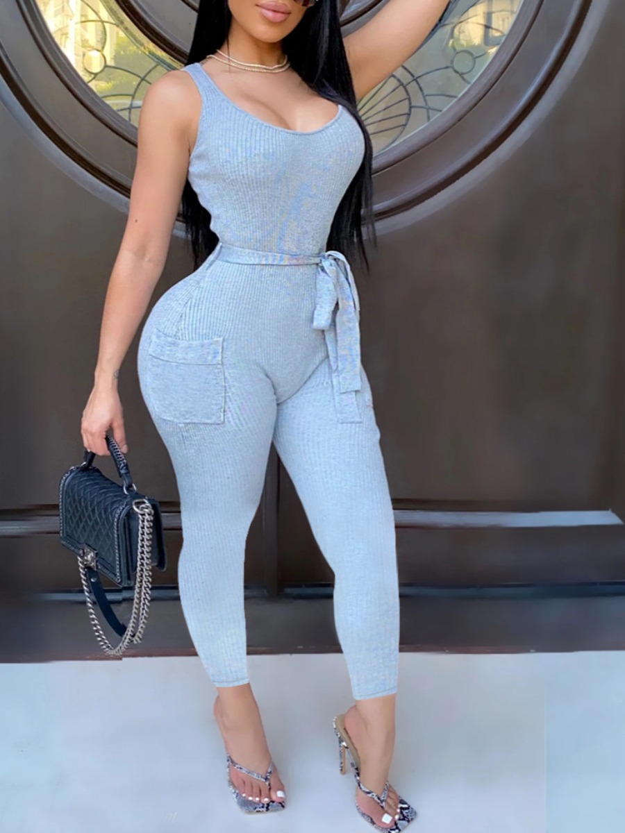 

lovely Sportswear Pocket Patched Light Grey One-piece Jumpsuit