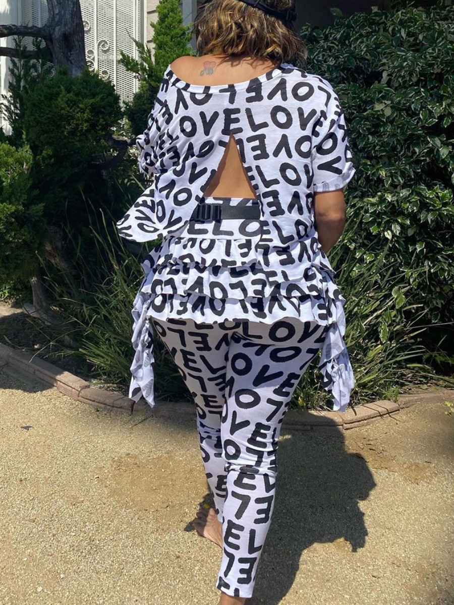 

lovely Leisure V Neck Letter Print Black And White Two Piece Pants Set