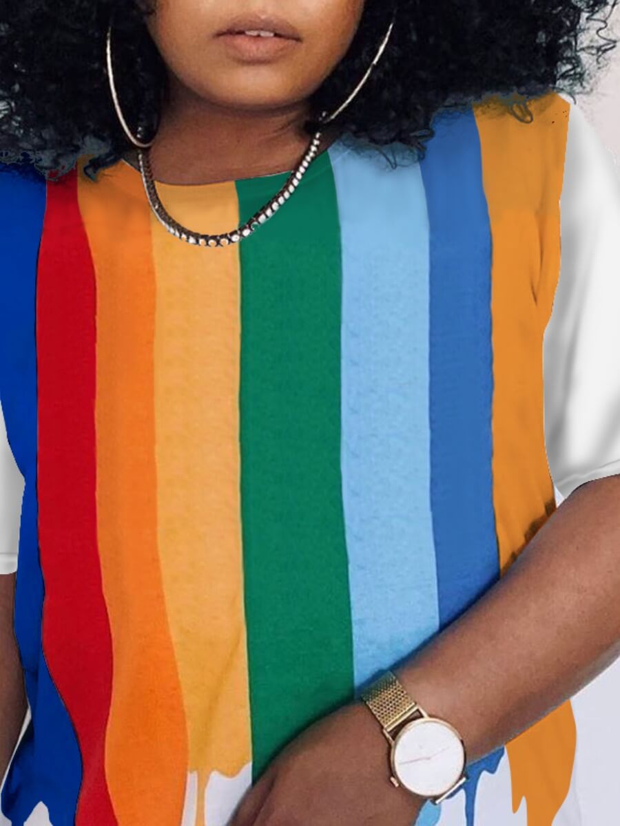 LovelyWholesale Casual O Neck Rainbow Striped Red T-shirt Summer Short Sleeve Casual Pullovers Round Neck Spring Summer 2024