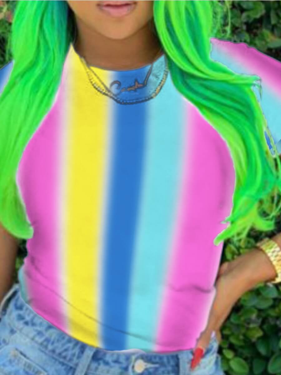 

Lovely Casual O Neck Rainbow Striped Pink T-shirt(Batch Print
