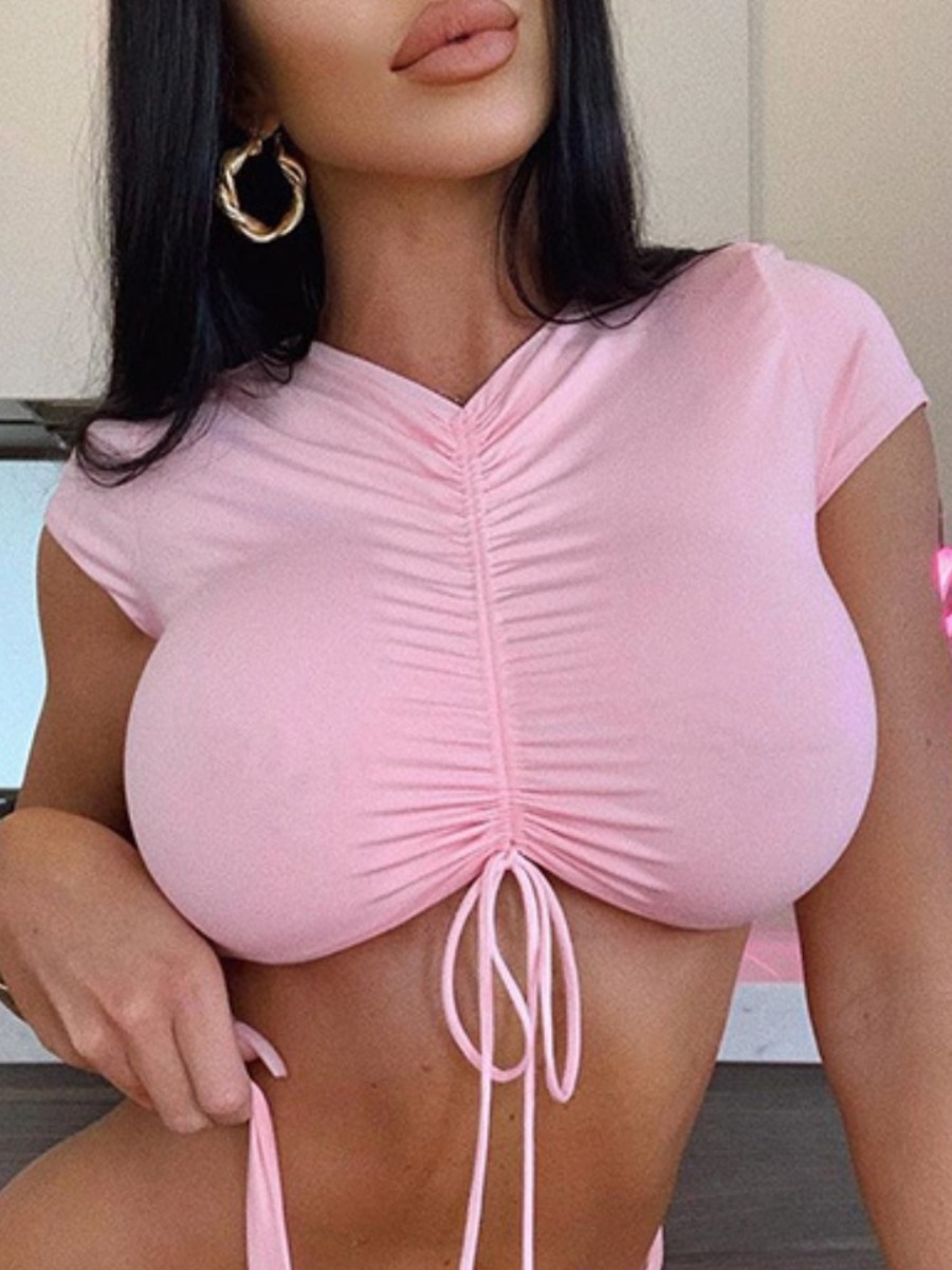 

lovely Sexy Fold Design Drawstring Pink T-shirt