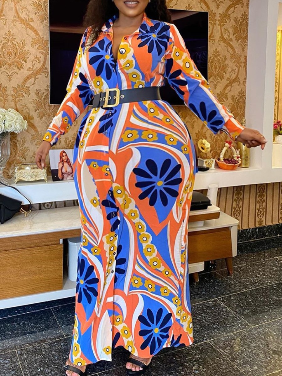 

lovely Stylish Versace Print Blue Maxi Plus Size Dress