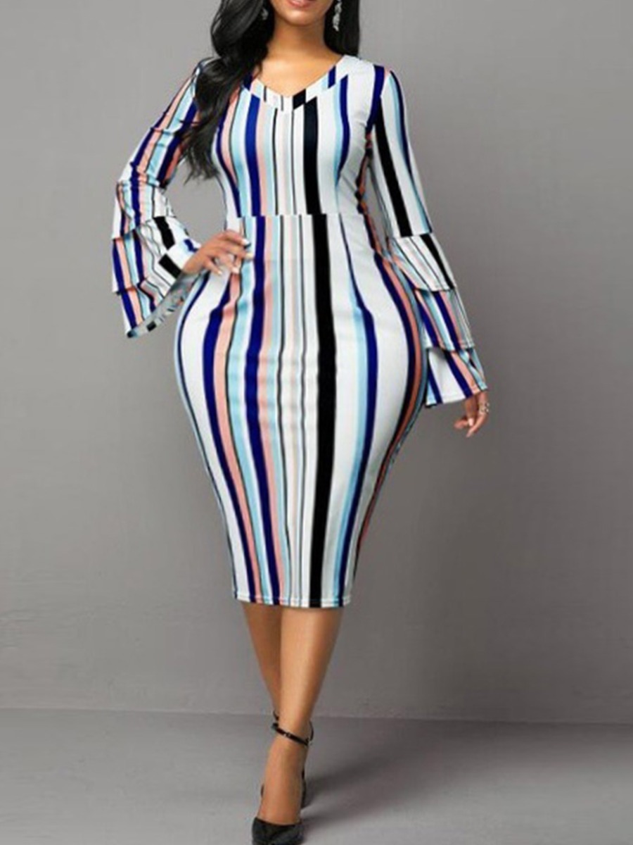 

lovely Stylish V Neck Striped Print Mid Calf Plus Size Dress, Stripe