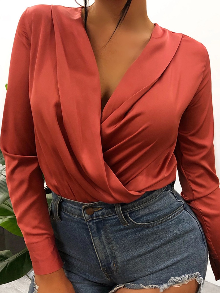 

lovely Stylish Cross-over Fold Design Red Bodysuit