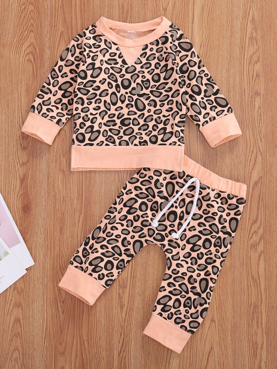 

lovely Sportswear O Neck Print Patchwork Pink Girl Two-piece Pants Set