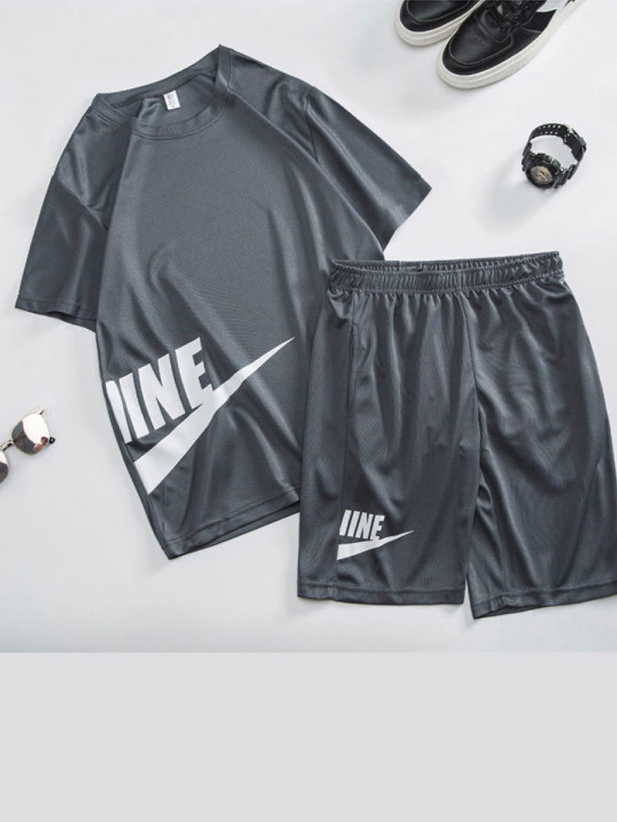 

Men Lovely Sportswear O Neck Letter Print Grey Two-piece Shorts Set