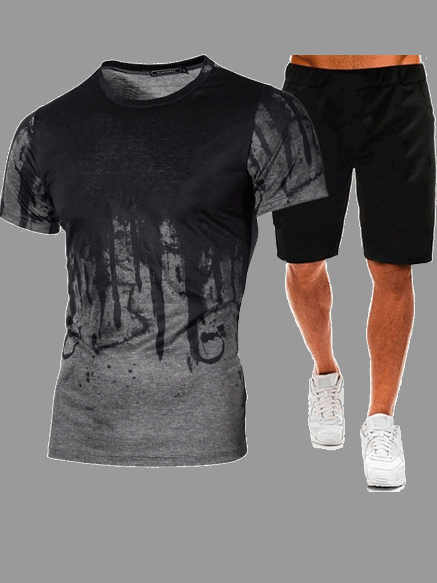 

Men Lovely Casual O Neck Print Grey Black Two-piece Shorts Set