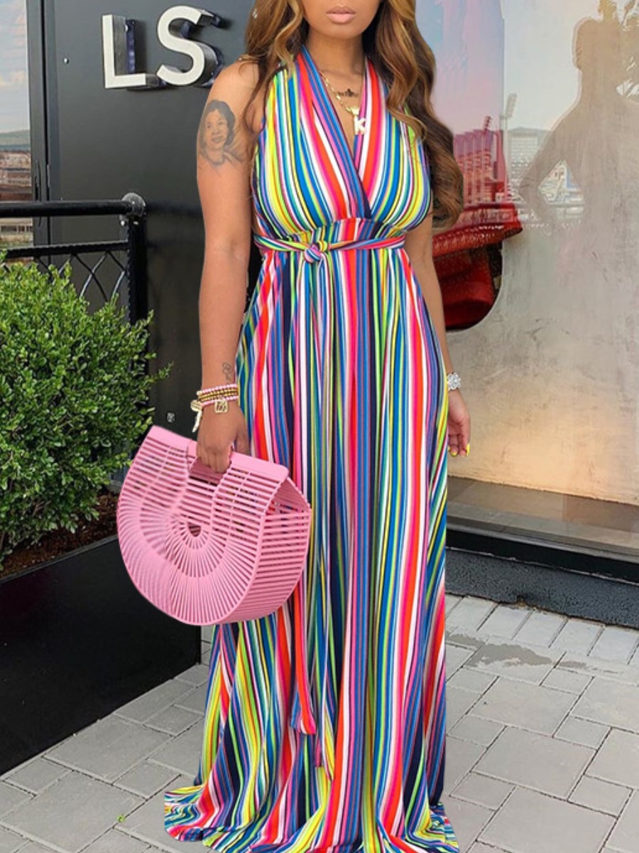 

lovely Bohemian Rainbow Striped Multicolor Maxi Dress, Multicolor stripe