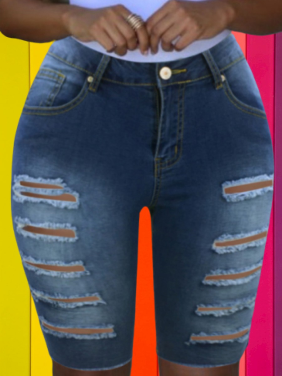 

lovely Street Broken Holes Deep Blue Denim Shorts