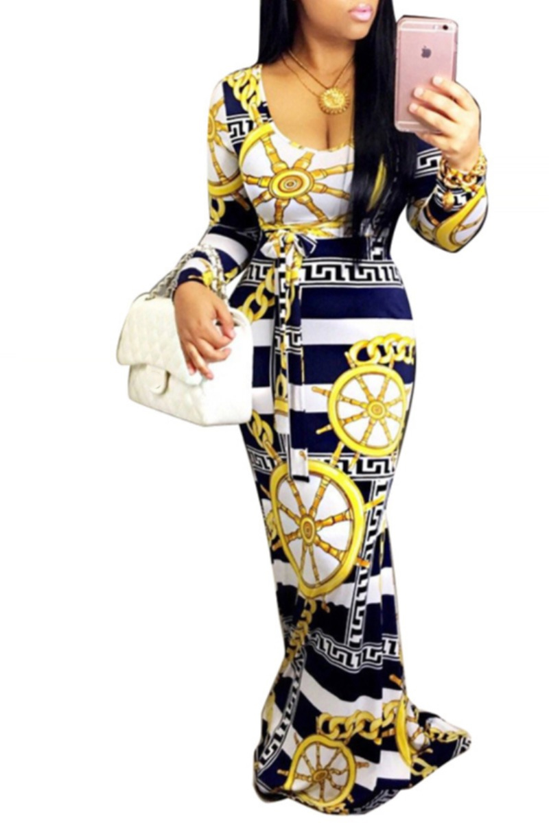 

Lovely Trendy Boat Neck Long Sleeves Digital Print Multicolor Floor length Dress, Multi