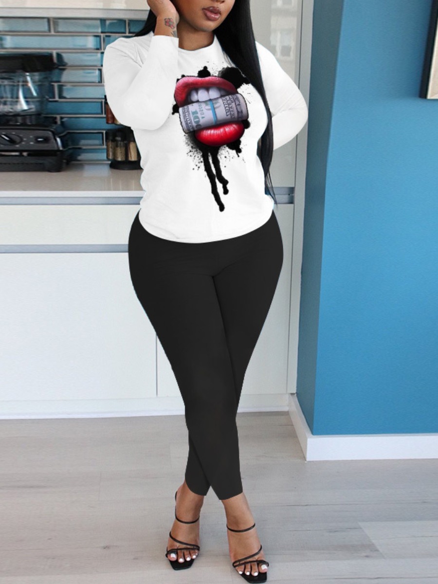 

Lovely Leisure O Neck Lip Print Black Two Piece Pants Set
