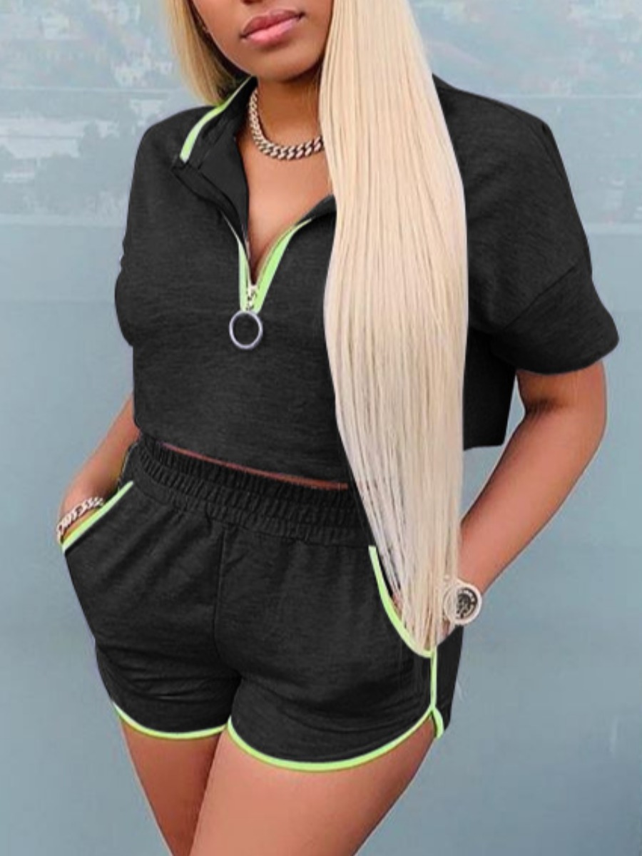 

lovely Sportswear Zipper Design Black Two Piece Shorts Set