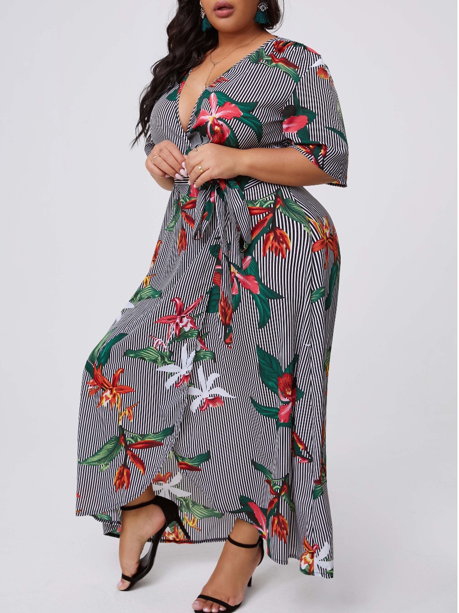 

lovely Stylish V Neck Plants Print Green Ankle Length Plus Size Dress