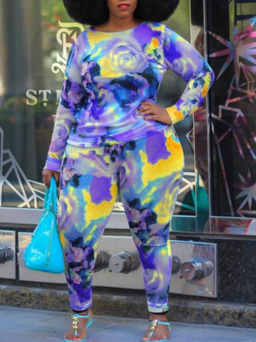 

LW Plus Size Round Neck Tie-dye Pants Set, Blue
