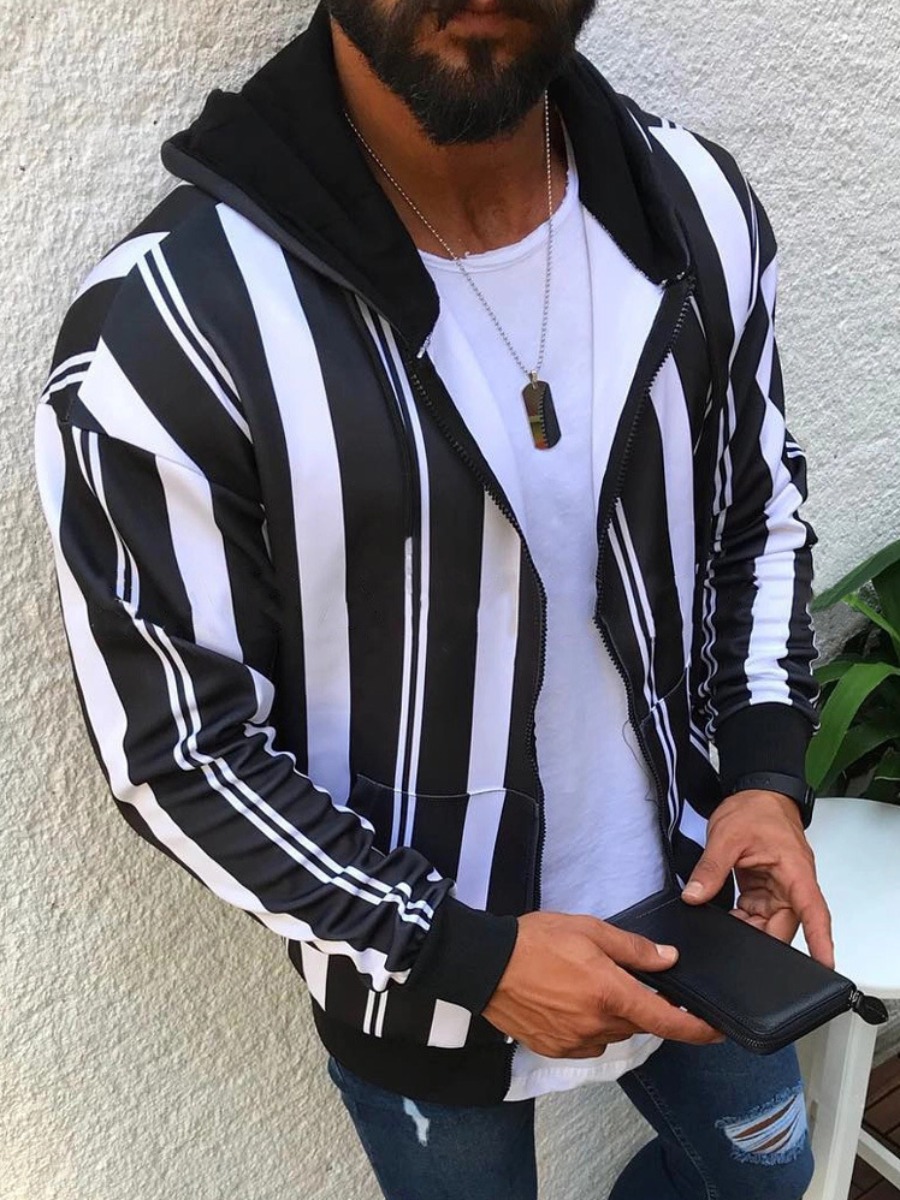 

lovely Casual Striped Zipper Design Black And White Jacket