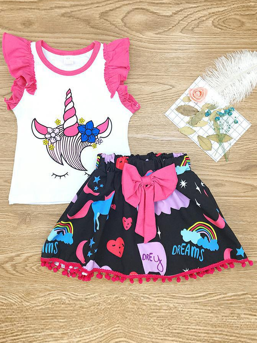 

lovely Sweet O Neck Print White Girl Two-piece Skirt Set